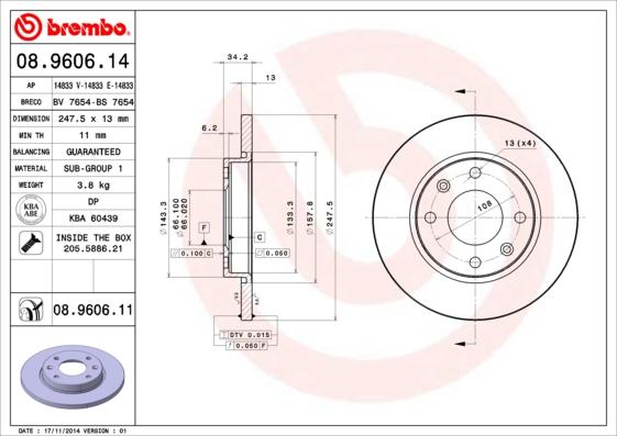 Brembo 08.9606.11 - Тормозной диск autosila-amz.com