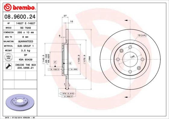 Brembo 08.9600.24 - Тормозной диск autosila-amz.com