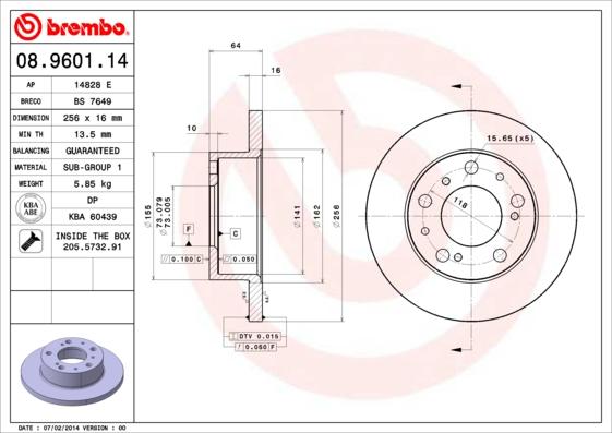 Brembo 08.9601.14 - Тормозной диск autosila-amz.com