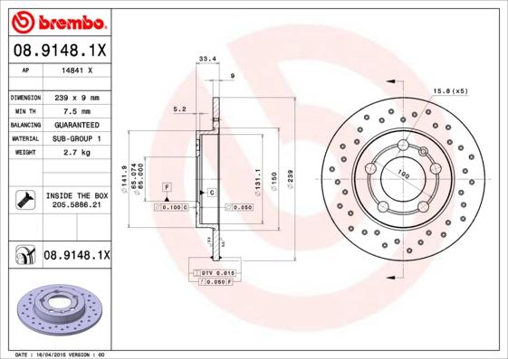 Brembo 08.9148.1X - Тормозной диск autosila-amz.com