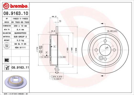 Brembo 08.9163.11 - Тормозной диск autosila-amz.com