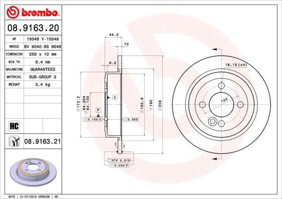 Brembo 08.9163.20 - Тормозной диск autosila-amz.com