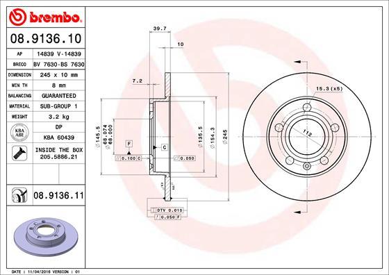 Brembo 08.9136.10 - Тормозной диск autosila-amz.com