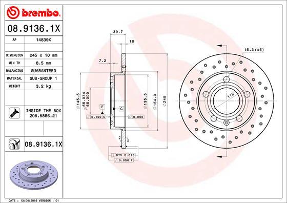 Brembo 08.9136.1X - Тормозной диск autosila-amz.com