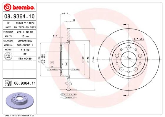 Brembo 08.9364.11 - Тормозной диск autosila-amz.com