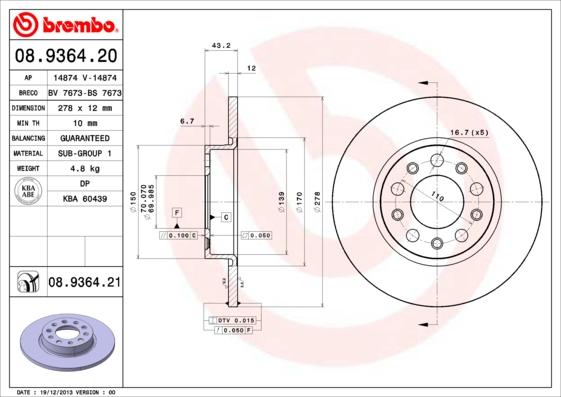 Brembo 08.9364.20 - Тормозной диск autosila-amz.com