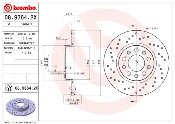 Brembo 08.9364.2X - Тормозной диск autosila-amz.com