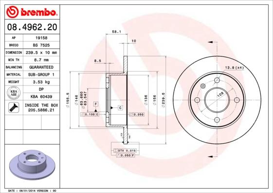 Brembo 08.4962.20 - Тормозной диск autosila-amz.com