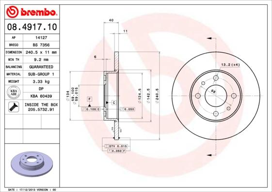 Brembo 08.4917.10 - Тормозной диск autosila-amz.com