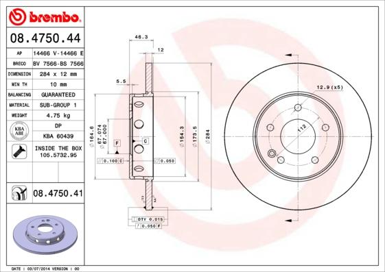 Brembo 08.4750.44 - Тормозной диск autosila-amz.com