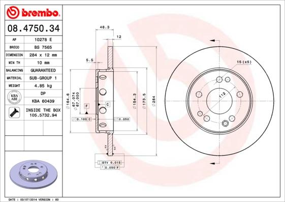 Brembo 08.4750.34 - Тормозной диск autosila-amz.com