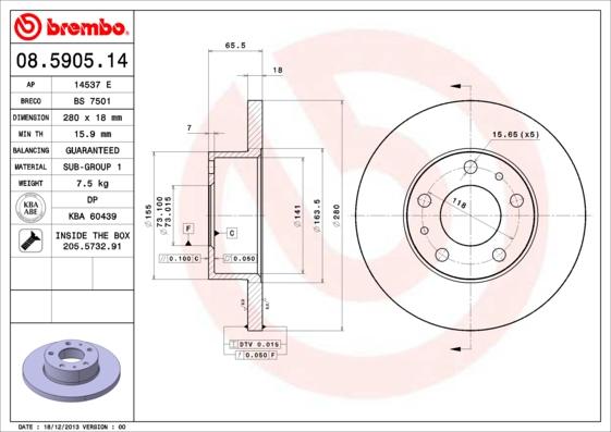 Brembo 08.5905.14 - Тормозной диск autosila-amz.com