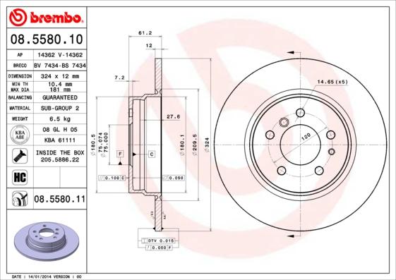 Brembo 08.5580.11 - Тормозной диск autosila-amz.com