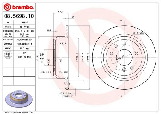 Brembo 08.5698.10 - Тормозной диск autosila-amz.com