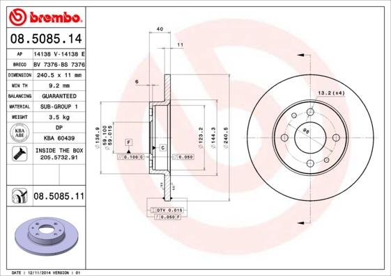 Brembo 08.5085.14 - Тормозной диск autosila-amz.com