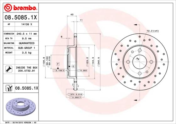 Brembo 08.5085.1X - Тормозной диск autosila-amz.com