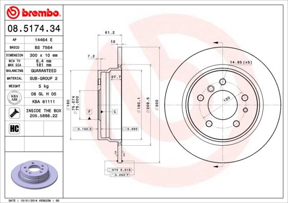 Brembo 08.5174.34 - Тормозной диск autosila-amz.com