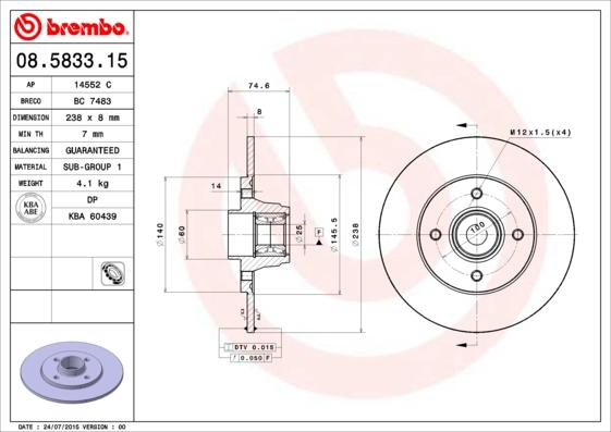 Brembo 08.5833.15 - Тормозной диск autosila-amz.com