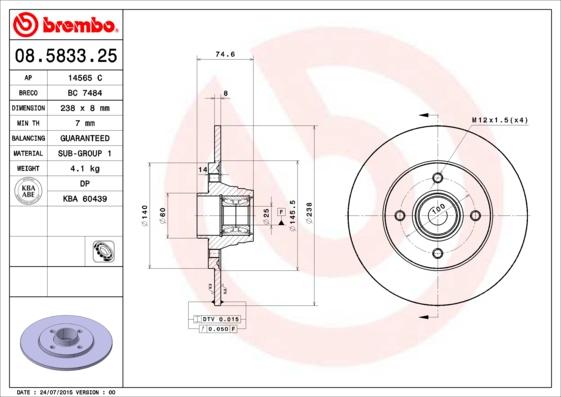 Brembo 08.5833.25 - Тормозной диск autosila-amz.com