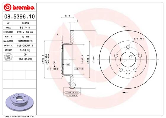 Brembo 08.5396.10 - Тормозной диск autosila-amz.com