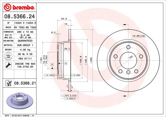 Brembo 08.5366.21 - Тормозной диск autosila-amz.com
