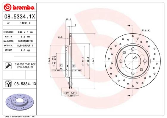 Brembo 08.5334.1X - Тормозной диск autosila-amz.com