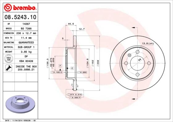 Brembo 08.5243.10 - Тормозной диск autosila-amz.com