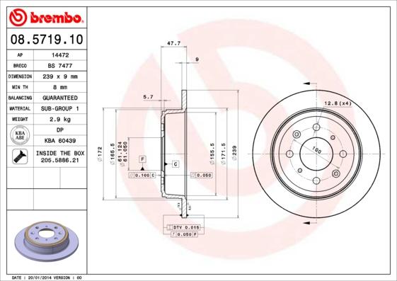 Brembo 08.5719.10 - Диск тормозной задн. HONDA CIVIC V Coupe (EJ) 08/93-03/96 / HONDA CIVIC V Hatchback (EG) 10/91-11/95 autosila-amz.com