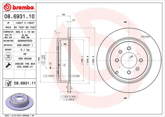 Brembo 08.6931.11 - Тормозной диск autosila-amz.com
