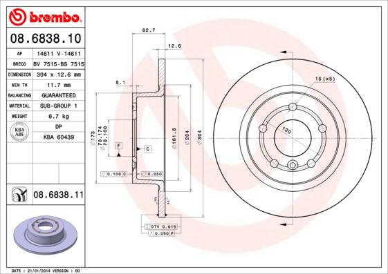 Brembo 08.6838.11 - Тормозной диск autosila-amz.com