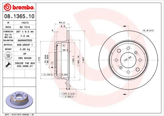 Brembo 08.1365.10 - Тормозной диск autosila-amz.com