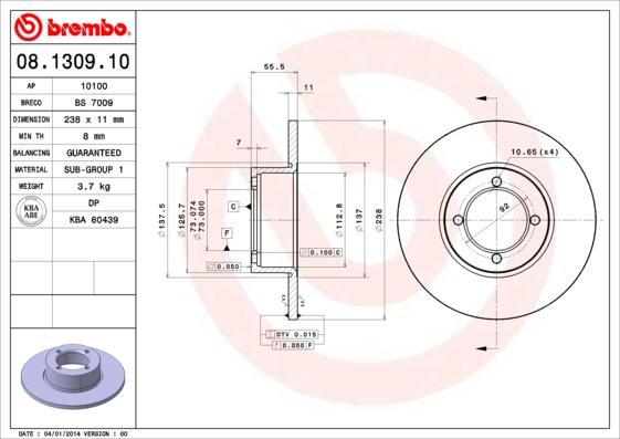 Brembo 08.1309.10 - Не поставляется!!! Диск тормозной передн. OPEL ASCONA A (81_, 86_, 87_, 88_) 10/70-08/75 / OPEL ASCONA A Voyage (84_, 89_) 10/70 autosila-amz.com