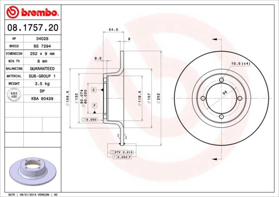 Brembo 08.1757.20 - Тормозной диск autosila-amz.com