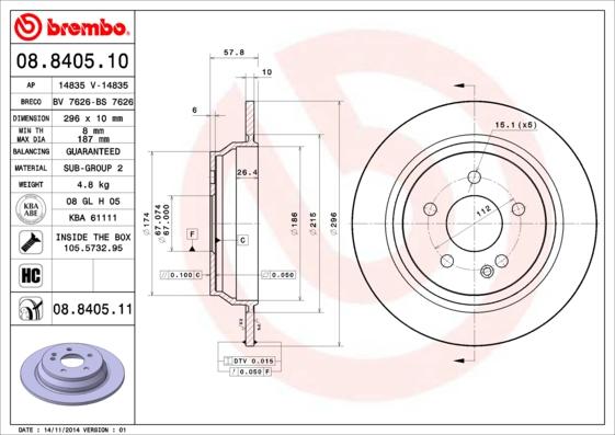 Brembo 08.8405.10 - Тормозной диск autosila-amz.com
