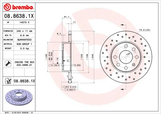 Brembo 08.8638.1X - Тормозной диск autosila-amz.com