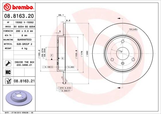 Brembo 08.8163.21 - Тормозной диск autosila-amz.com