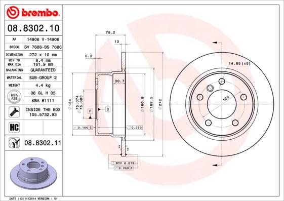 Brembo 08.8302.11 - Тормозной диск autosila-amz.com