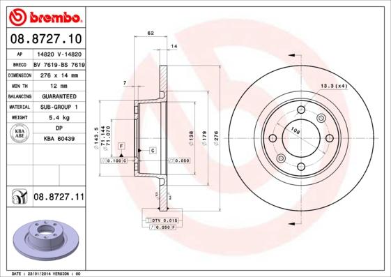 Brembo 08.8727.10 - Тормозной диск autosila-amz.com