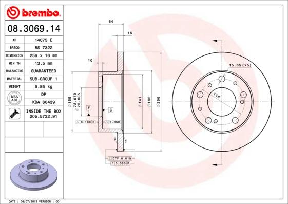 Brembo 08.3069.14 - Тормозной диск autosila-amz.com