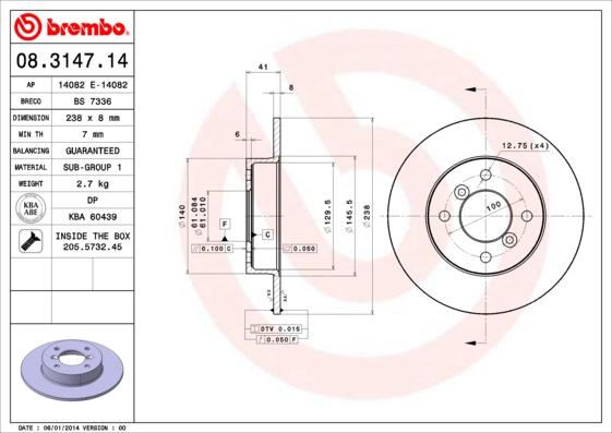 Brembo 08.3147.14 - Тормозной диск autosila-amz.com