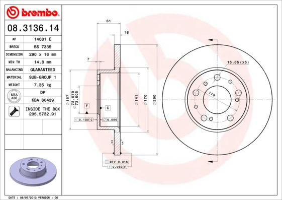 Brembo 08.3136.14 - Тормозной диск autosila-amz.com