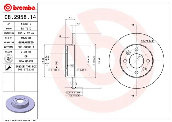 Brembo 08.2958.14 - Тормозной диск autosila-amz.com