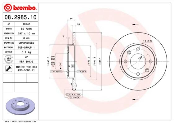 Brembo 08.2985.10 - Тормозной диск autosila-amz.com