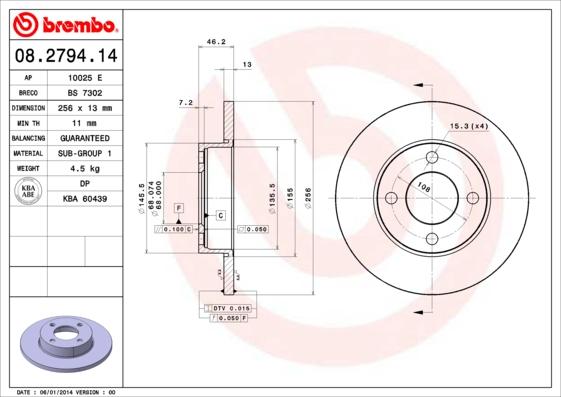 Brembo 08.2794.14 - Тормозной диск autosila-amz.com