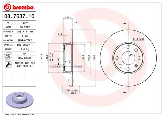 Brembo 08.7637.10 - Диск тормозной передн OPEL: ASTRA G хечбэк 98-05, ASTRA G седан 98-05, ASTRA G универсал 98-04 autosila-amz.com