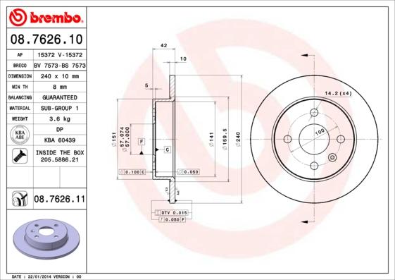 Brembo 08.7626.11 - Тормозной диск autosila-amz.com