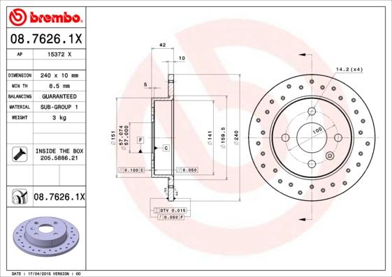 Brembo 08.7626.1X - Тормозной диск autosila-amz.com