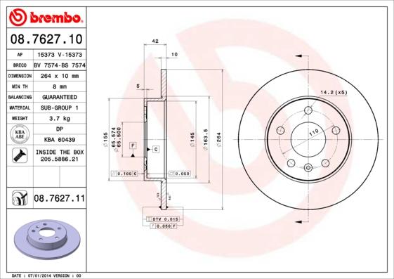 Brembo 08.7627.10 - Тормозной диск autosila-amz.com