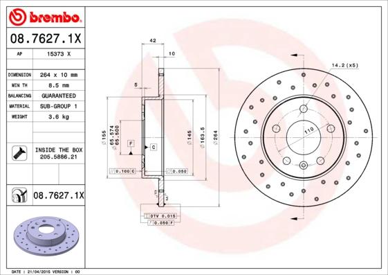 Brembo 08.7627.1X - Тормозной диск autosila-amz.com