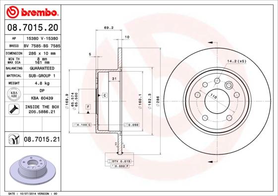 Brembo 08.7015.20 - Тормозной диск autosila-amz.com